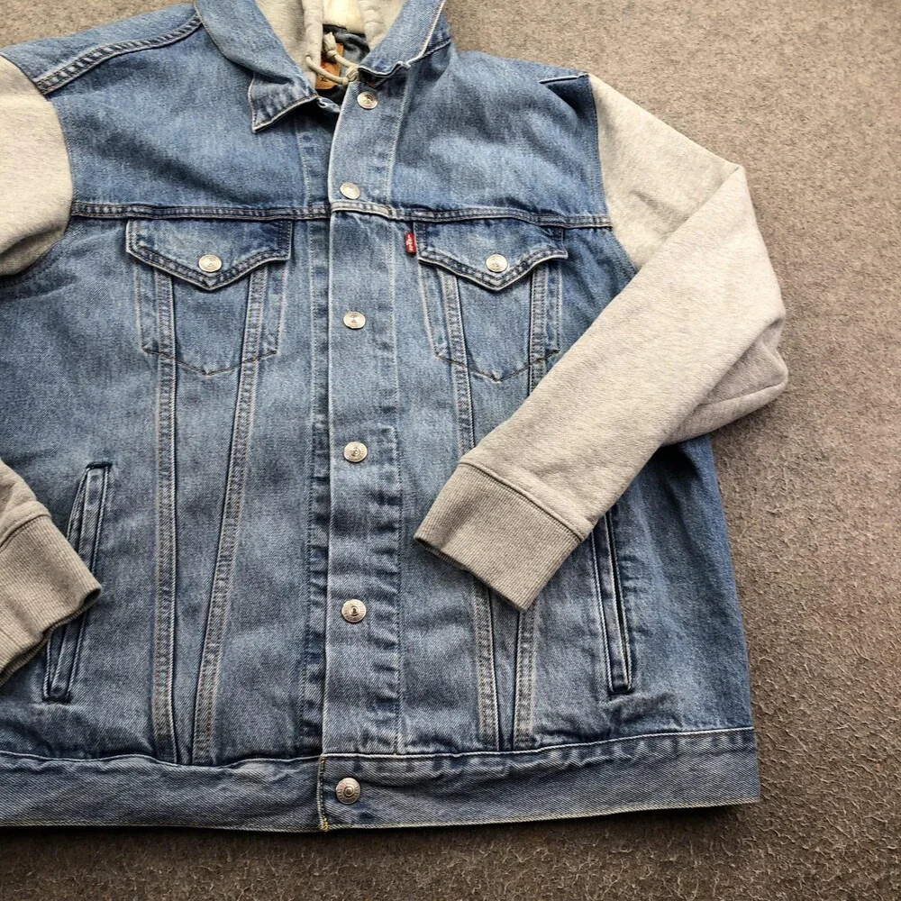 Levi's Jacket Mens XL Blue Denim Hooded Button Front Varsity Casual Relaxed Fit